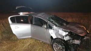 Otomobil elektrik direğini ve ağacı devirip tarlaya uçtu