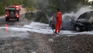 Otomobildeki yangın ormana sıçramadan söndürüldü