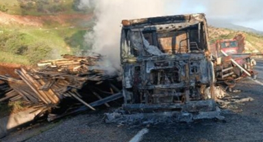 Seyir halinde alev alan kereste yüklü TIR, yandı