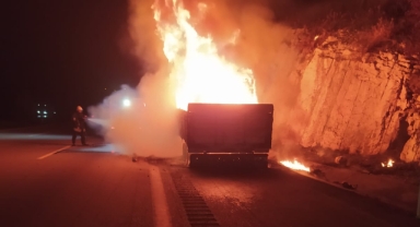 Kereste yüklü tır seyir halindeyken alev aldı