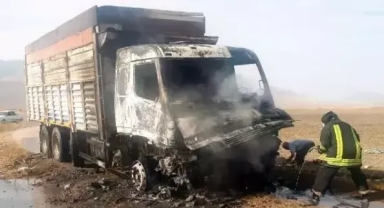 Tarlada kamyon alev aldı
