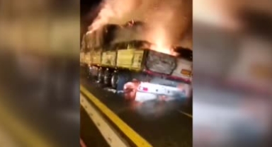 Karton yüklü tır seyir halinde alev aldı