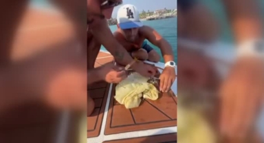 Çuvala dolanan caretta yavrusunu vatandaş kurtardı
