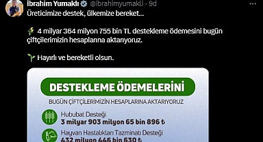 'Tarımsal destekleme ödemesini hesaplara aktarıyoruz'