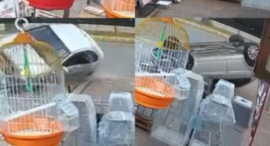 Kayan otomobil kaldırıma çarptı