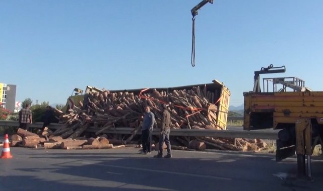 Tomruk yüklü kamyon devrildi