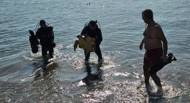 Deniz dibinde balık ağlarına takılı yaralı caretta caretta kurtarıldı