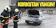 Sürücüsünün çalıştırdığı sırada alev alan otomobil korkulu anlar yaşattı